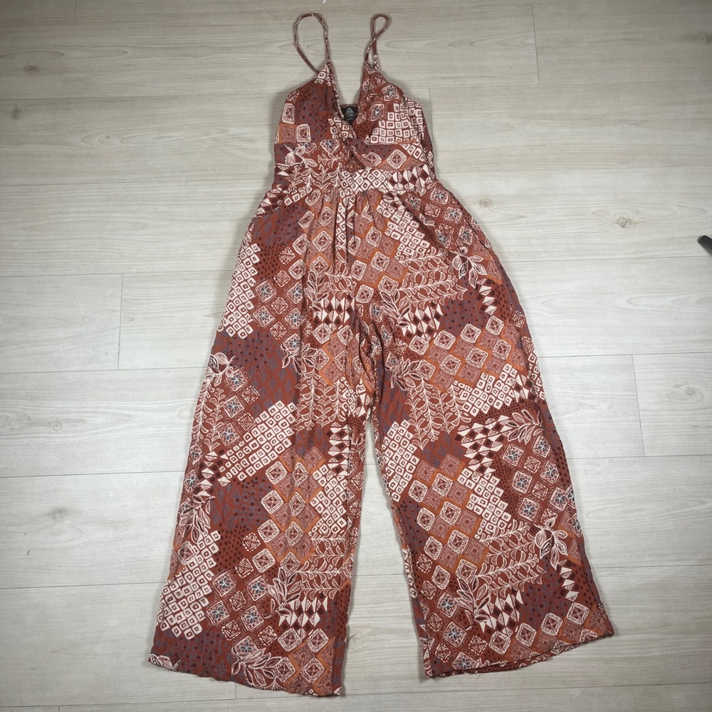 Angie Rust Orange Geometric Print Wide Leg Jumpsuit Medium Boho Smocked Back